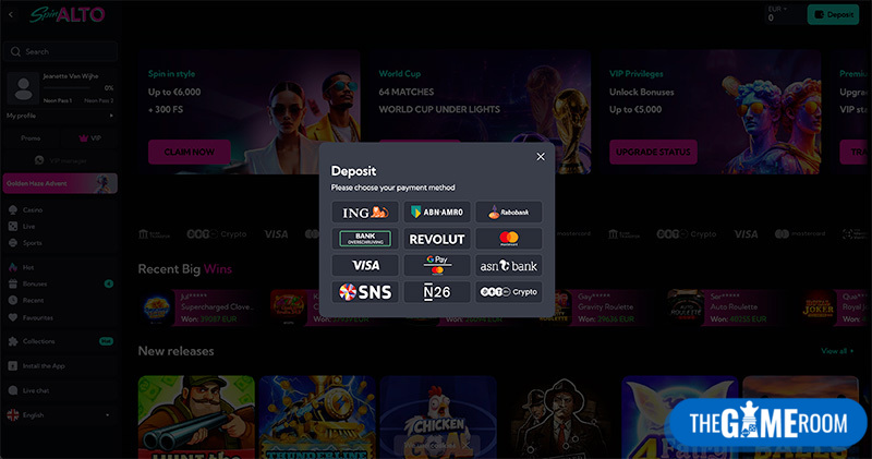 Het kassa-scherm van het casino waar iDEAL is geselecteerd om een storting te doen.